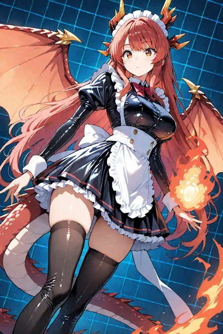 fc_maid_ruby, score_9, score_8_up, score_7_up,source_anime, Dragon girl, solo, 1girl, cinematic angle, maid apron, shiny clothes, skirt, dragon tail, wings, dragon horns,  perfect anatomy, perfect female proportion, fire, [(glitch Background:1.2)::0.2], (grid border background:1.2), very aesthetic, amazing quality, illustration, incredibly absurdres, ultra detailed, masterpiece, best quality, <lora:ponyv4_noob1_2_adamW:1> <lora:Futtora's_Crystal_Dragon_Girl_Maidyounglady_Ruby:1> <lora:enhancerV4-pony:1>