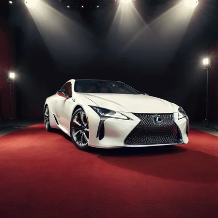 realistic photo of a white lexuslc car on a red carpet, spotlight, cinematic, <lora:LexusLC_SDXL_v1:1>
