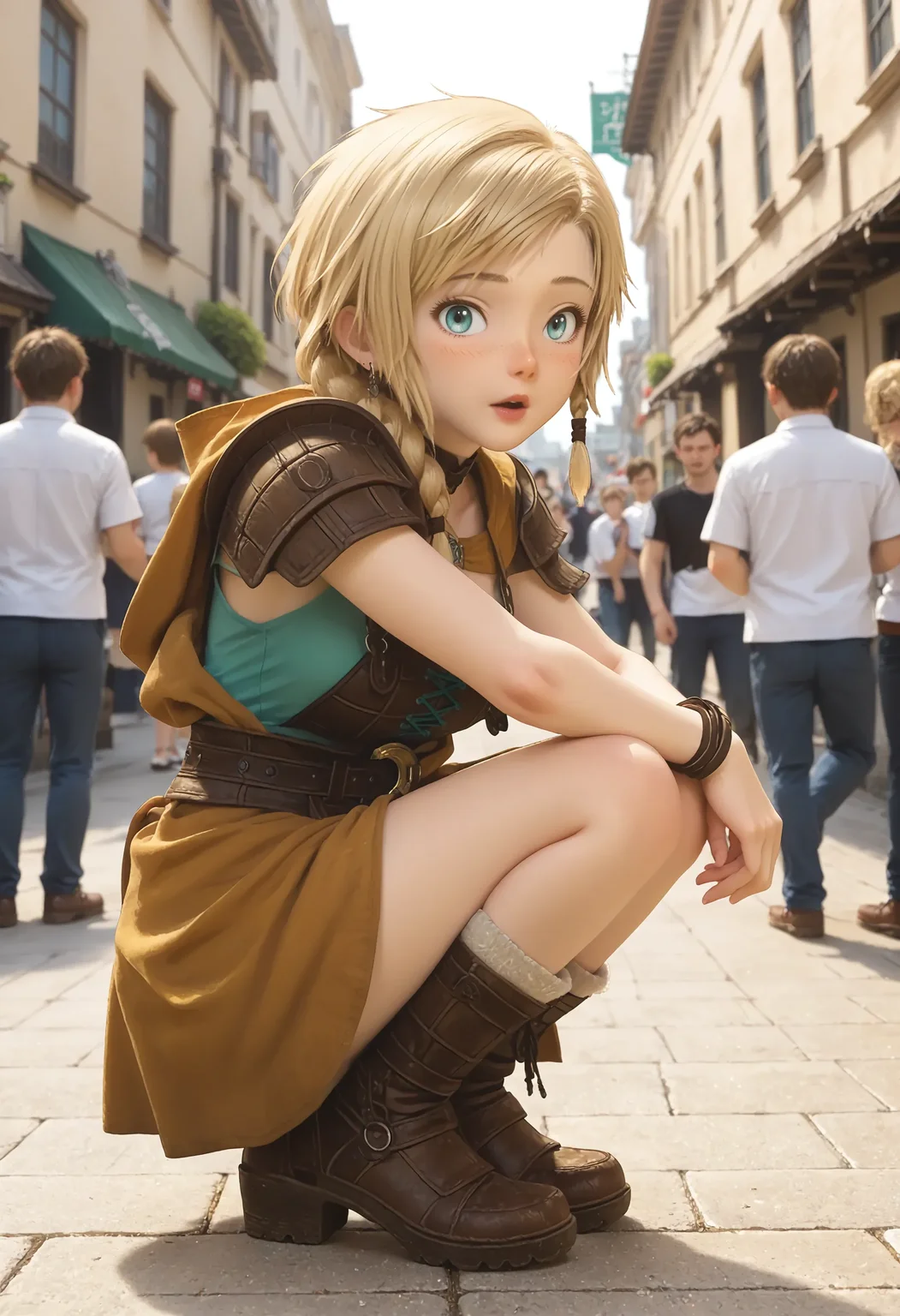 <lora:Hyper-SDXL-8steps-lora:1> <lora:Fixhands_anime_bdsqlsz_V1:1> zPDXL2, score_9, score_8_up, score_7_up, masterpiece, best quality, absurdres, high resolution, 8k, official art, official style, source_anime, uncensored, anime screencap, anime coloring, megami magazine, (ai-generated:0.6), 
1girl, DQYS-bianca, blonde hair, short hair, braid, blue eyes, earrings, brown choker, armored dress, dress, skirt, armlet, boots, 
squatting, hugging own legs, looking at viewer, from side, Neutral, A relaxed facial expression with a slightly open mouth., outdoors, city, audience, crowd, solo, solo focus, 
<lora:DQYS-bianca_XL(pony)v10:1>