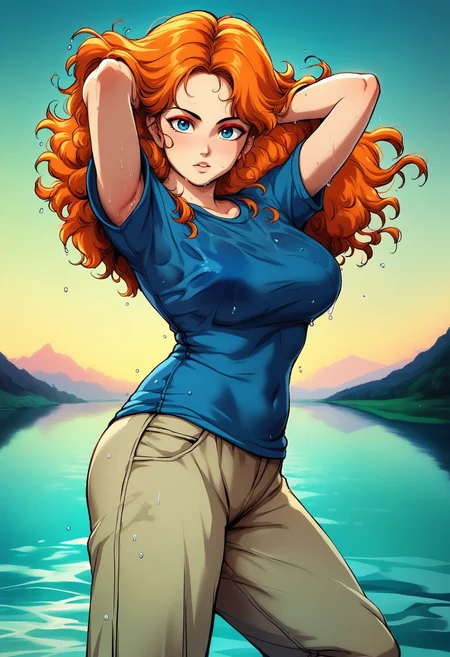 score_9, score_8_up, score_7_up, score_6_up, source_anime, <lora:DBExtraGirl02Pa:0.9>, DBExtraGirl02Pa, blue eyes, long hair, orange hair, curly hair, red eyeshadow, large breasts,
blue undershirt, beige pants, blue boots, covered navel, short sleeves, armpits, 
standing, river, in water, looking at viewer, arms behind head, floating hair, soaked, wet clothes, wet blue shirt, wet pants, from side, upper body, legs apart,
BREAK sunset, dusk, wind