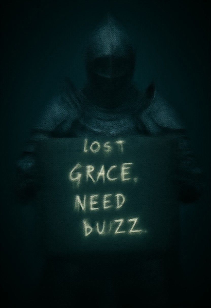 elden ring style, a female knight in full plate damaged armor holding a sign that says "lost grace, need buzz", text is scratched in glowing white handwriting, dark and eerie atmosphere, chromatic aberration and film grain, fantasy