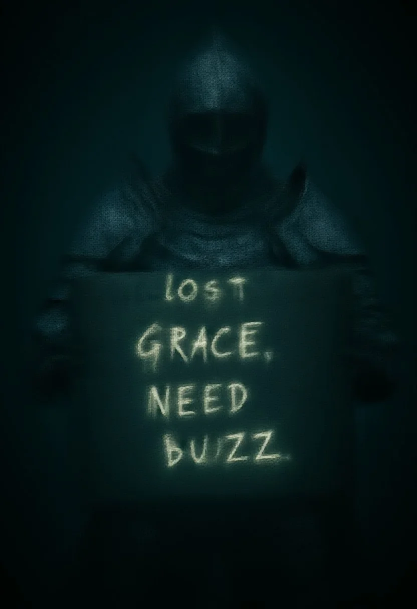 elden ring style, a female knight in full plate damaged armor holding a sign that says "lost grace, need buzz", text is scratched in glowing white handwriting, dark and eerie atmosphere, chromatic aberration and film grain, fantasy