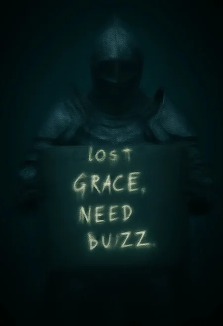 elden ring style, a female knight in full plate damaged armor holding a sign that says "lost grace, need buzz", text is scratched in glowing white handwriting, dark and eerie atmosphere, chromatic aberration and film grain, fantasy