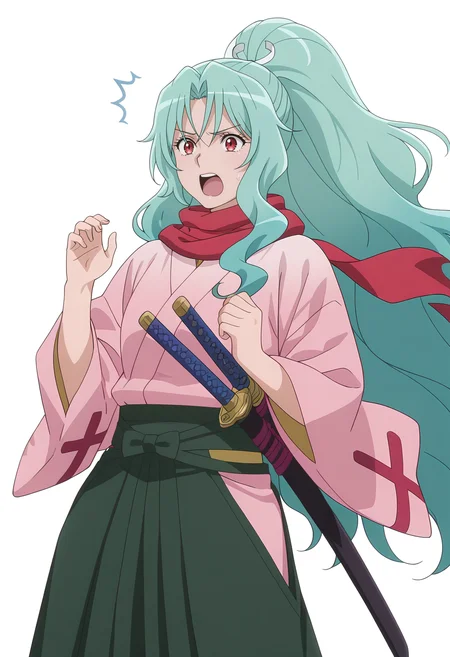 Smooth Quality,masterpiece, ultra realistic,
simple background, white background, 
front view,panicking,wind, 
 <lora:Tomoecnn:0.8> sofia/cnn, 1girl, long hair, scarf, ponytail, red eyes, japanese clothes, katana, green hair, very long hair,