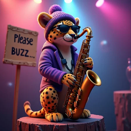 A cute leopard playing the saxophone up on a high pedestal, wearing a beanie, shades, a purple sparkling jacket, disco lights, photorealistic, a cardboard sign that says "Please Buzz...", colourful, epic, cinematic shot,