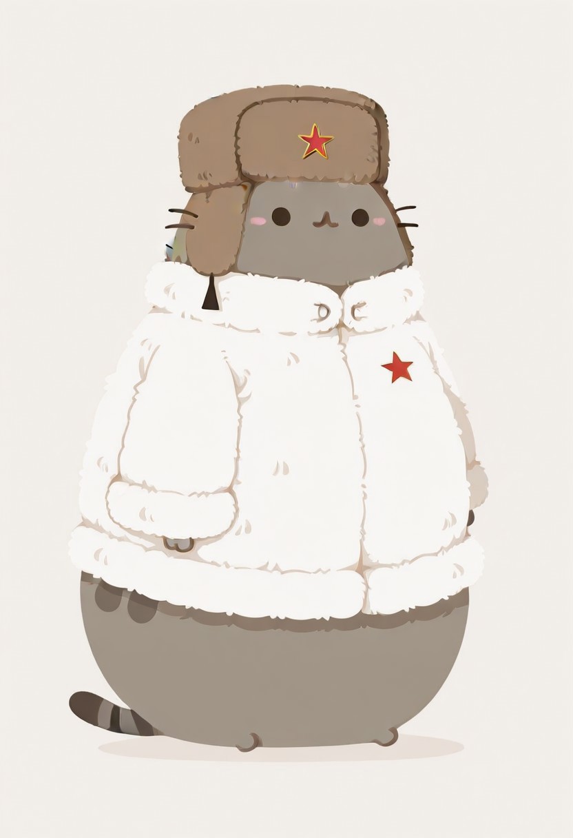 1 cat , solo , Pusheen, Ushanka , Russian , communist symbol , fur coat ,
masterpiece, best quality ,amazing quality ,haiz_ai , no lineart ,no outline, vfaix,