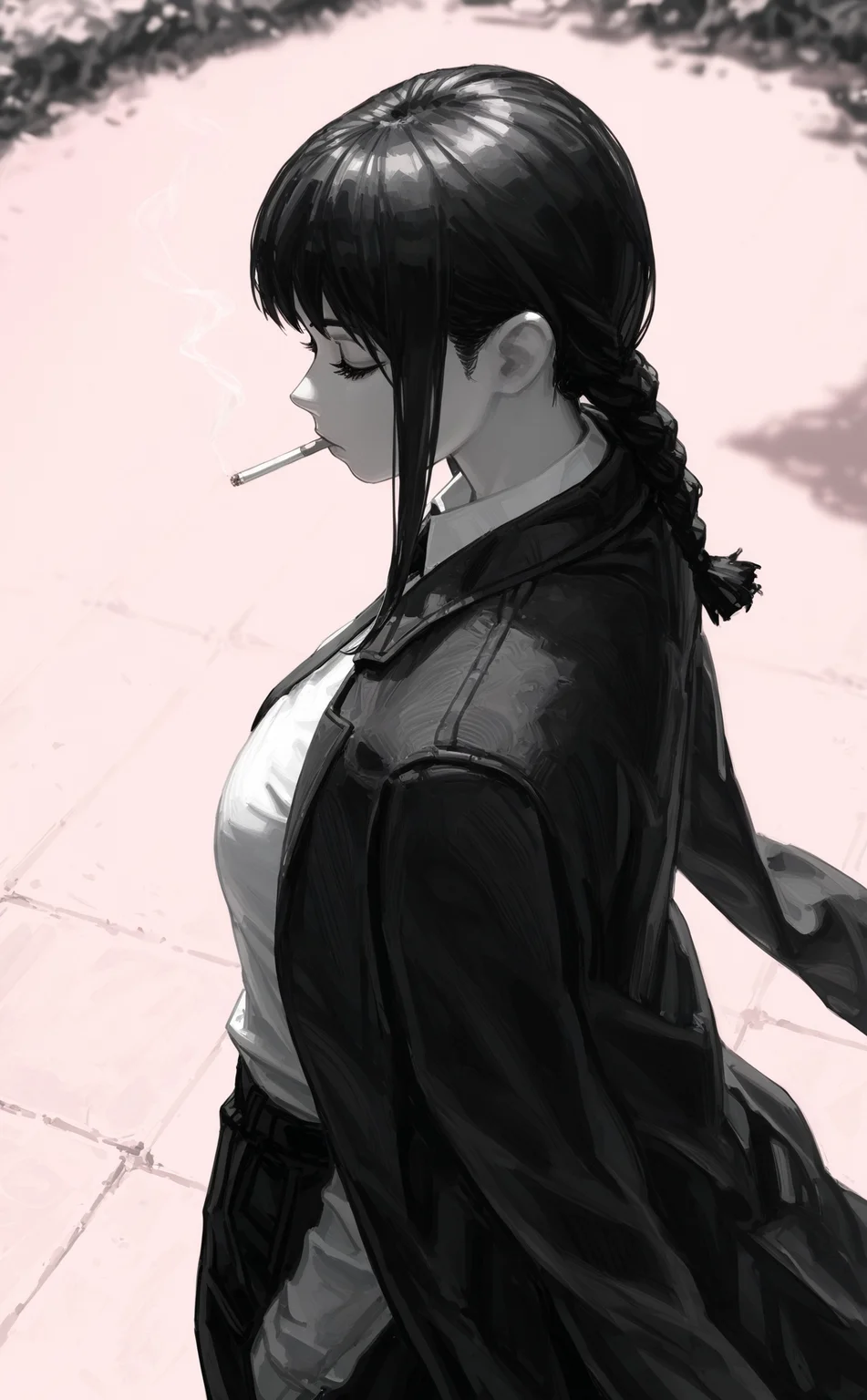 by solipsist, by siy \(shengxiu760722\), by (guweiz:0.5),
masterpiece, best quality, amazing quality, very aesthetic,
monochrome, greyscale with colored background, pink background, multicolored background, grey hair,
1girl, cowboy shot, makima \(chainsaw man\), bored, closed eyes, smoking, lighting cigarette, formal clothes, coat on shoulders,
simple background, perspective, depth of field, from above, from side,
outdoors, (scenery:1.2),
very awa, best quality, highres, masterpiece, very aesthetic,
<lora:nhl-003:0.9> nhl-003,
