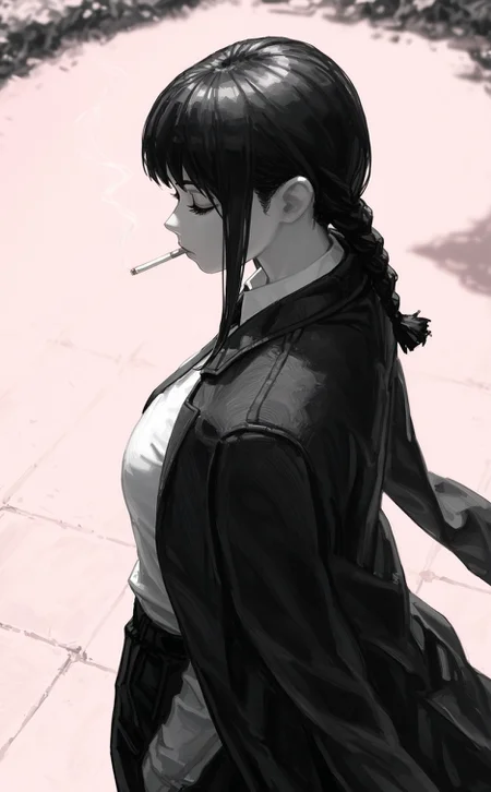by solipsist, by siy \(shengxiu760722\), by (guweiz:0.5),
masterpiece, best quality, amazing quality, very aesthetic,
monochrome, greyscale with colored background, pink background, multicolored background, grey hair,
1girl, cowboy shot, makima \(chainsaw man\), bored, closed eyes, smoking, lighting cigarette, formal clothes, coat on shoulders,
simple background, perspective, depth of field, from above, from side,
outdoors, (scenery:1.2),
very awa, best quality, highres, masterpiece, very aesthetic,
<lora:nhl-003:0.9> nhl-003,