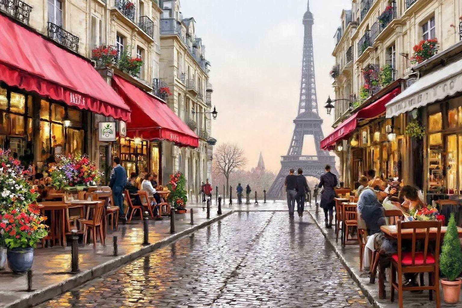 richardmacneil1 painting. A street in Paris with the Eiffel Tower in the background. Cafes with red awnings and outdoor seating line the street. Flower arrangements and potted plants are on the left. Cobblestone pavement reflects the soft light. People walk and sit at the Cafes. <lora:richardmacneil1_cap_d8a4e11:1.0><lora:853239402661476936:0>