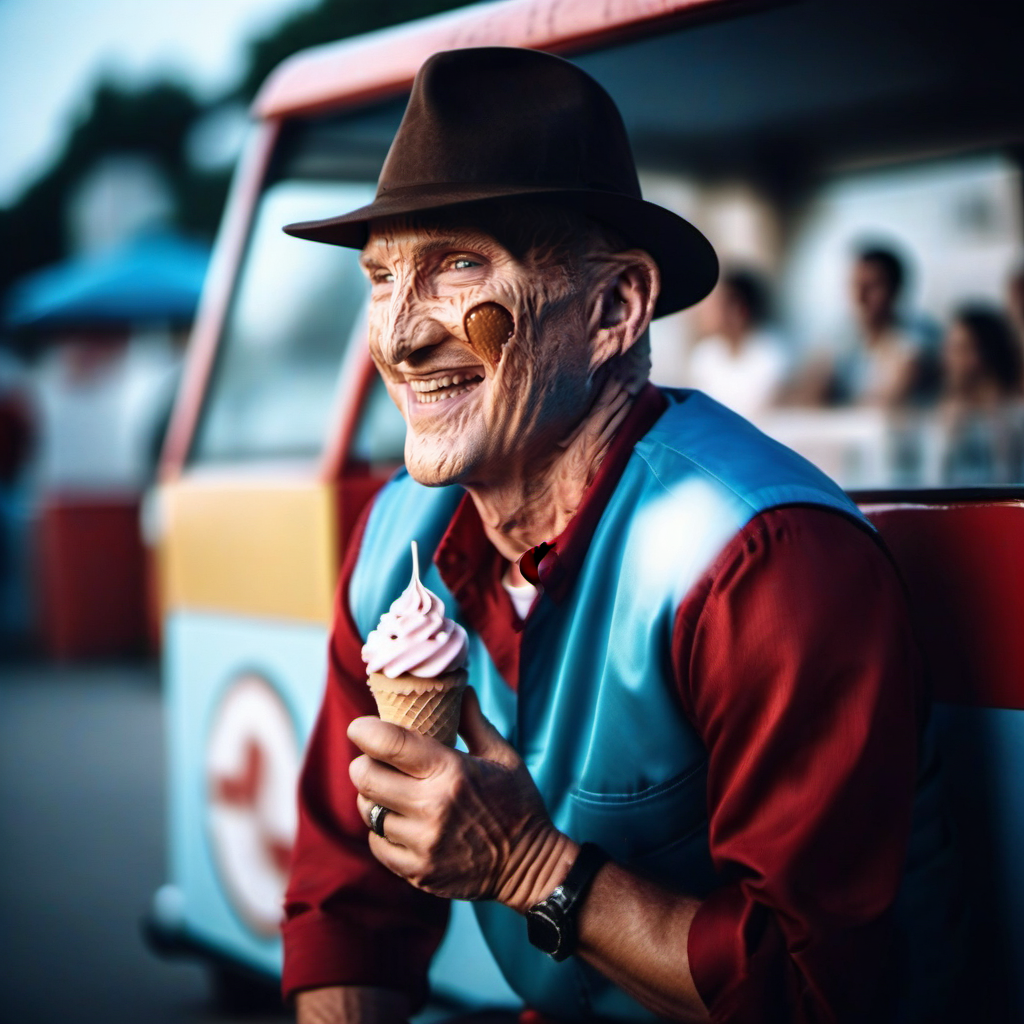 cinematic photo a man with a hat is a icecream-man in an icecreamtruck, smile <lora:FreddyKrueger1024:0.8> . 35mm photograph, film, bokeh, professional, 4k, highly detailed