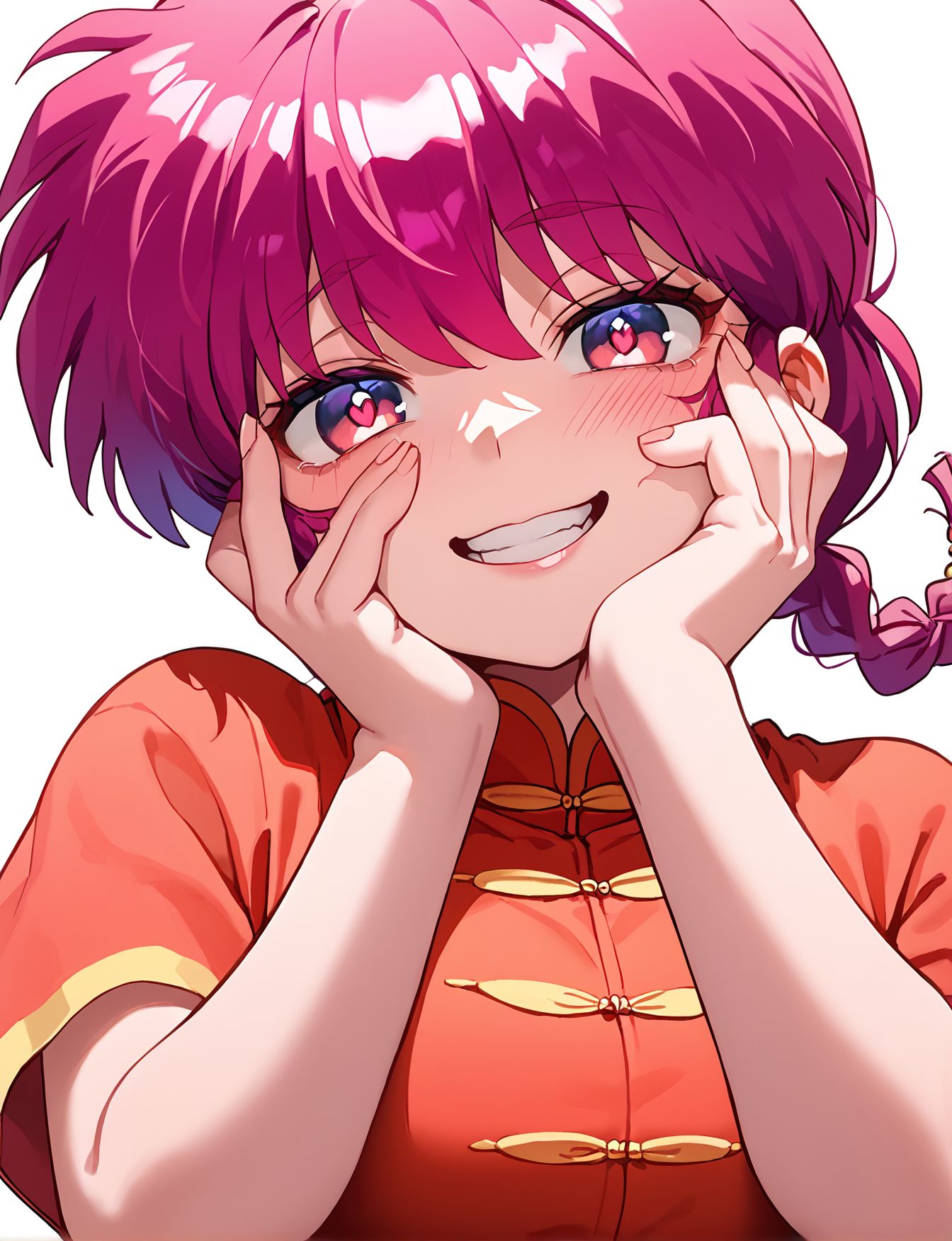 score_9,score_8_up,score_7_up,masterpiece, best quality, <lora:WHM 0.2v:0.5>, WHM, 2D,anime,  
 simple background, face focus, close-up 1girl,heart-shaped pupils,   looking at viewer, Yandere trance, hands on own face, hands on own cheeks, looking at viewer, blush, <lora:Yandere_Expression_v1.0:0.85>steam,  crazy smile,head tilt, Yandere,
shaped face,crazy eyes, half-closed eyes, torogao, 
pants, chinese clothes, tangzhuang,short sleeves, 
<lora:ranma-saotome-alpha-ponyxl-lora-nochekaiser:0.7>, ranma saotome, braid, red hair, single braid, braided ponytail, red eyes, big breasts,