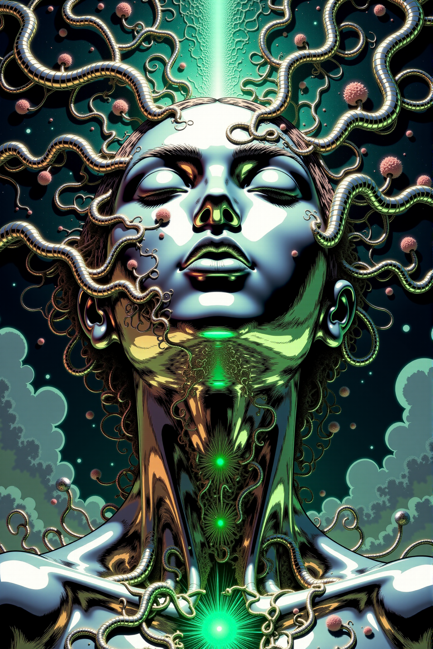 <lora:DGLO_style_v.7:0.75> DGLO style.  A surreal and hypnotic depiction of a metal-faced humanoid figure, eyes closed in serene meditation, radiating an aura of cosmic energy. The face appears metallic and polished, with soft shadows accentuating its elegant features, framed by intricate fractal patterns resembling flowing vines and blooming foliage. These fractals extend outward in a kaleidoscopic display of twisting, luminous tendrils, shimmering with hues of turquoise, silver, and black. The background fades into an infinite void, giving the impression of boundless depth, while the fractals appear to grow like living neural pathways, pulsating with energy. The piece feels transcendent and otherworldly, blending themes of nature, consciousness, and digital artistry. The focus on symmetry and detail creates a mesmerizing, dreamlike aesthetic.