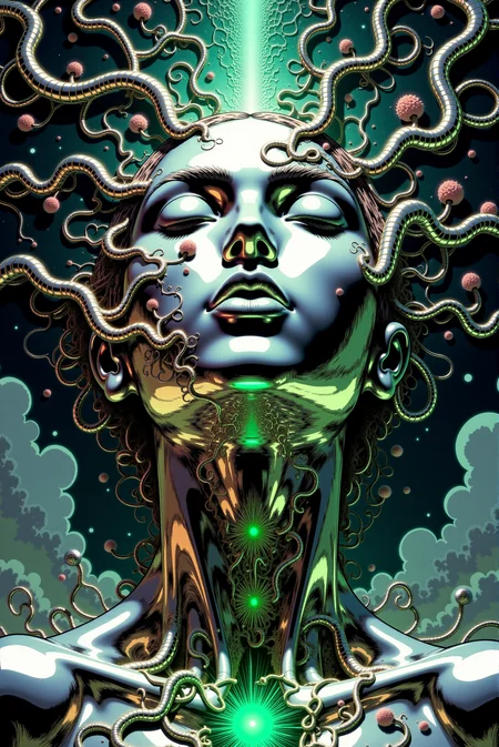 <lora:DGLO_style_v.7:0.75> DGLO style. A surreal and hypnotic depiction of a metal-faced humanoid figure, eyes closed in serene meditation, radiating an aura of cosmic energy. The face appears metallic and polished, with soft shadows accentuating its elegant features, framed by intricate fractal patterns resembling flowing vines and blooming foliage. These fractals extend outward in a kaleidoscopic display of twisting, luminous tendrils, shimmering with hues of turquoise, silver, and black. The background fades into an infinite void, giving the impression of boundless depth, while the fractals appear to grow like living neural pathways, pulsating with energy. The piece feels transcendent and otherworldly, blending themes of nature, consciousness, and digital artistry. The focus on symmetry and detail creates a mesmerizing, dreamlike aesthetic.