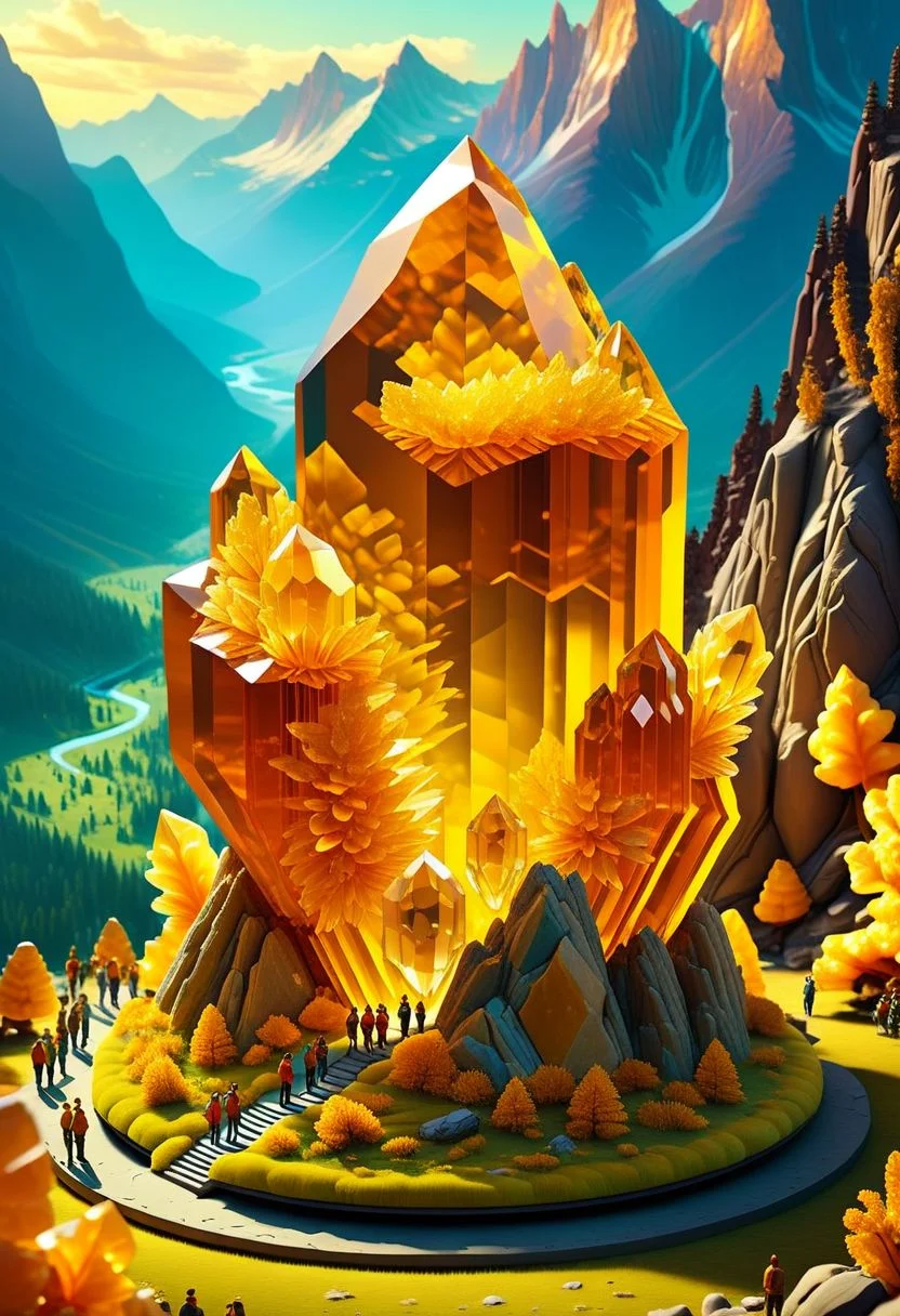 ispzxll, diorama, isometric, miniature, volumetric lighting style, intricate details, massive citrine crystal formation, natural setting, valley with mountains in background, crowds of people gathered, tourists, flash photography, news helicopter