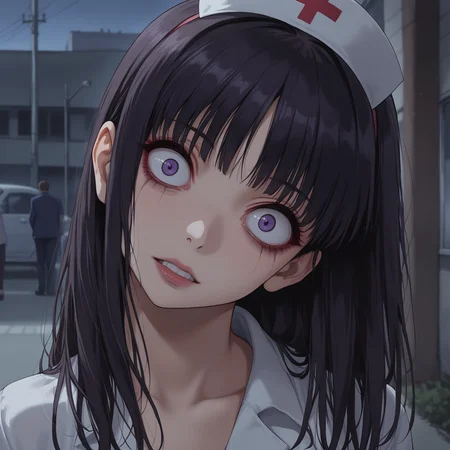 score_9,source_anime,anime style,<lora:Breast Slider - Pony_alpha1.0_rank4_noxattn_last:-0.5>,<lora:Nipple Size Slider_alpha1.0_rank4_noxattn_last:-0.5>,<lora:d3t41l3dXLP:0.25>,<lora:m0njy4XLP:0.35>,<lora:susamix010-pony:0.3>,1girl,outdoors,in public,medium breasts,<lora:headtilttext_alpha16.0_rank32_full_last:3>,creepy,deranged,scary,head tilt,upper body,standing,nurse,full body,