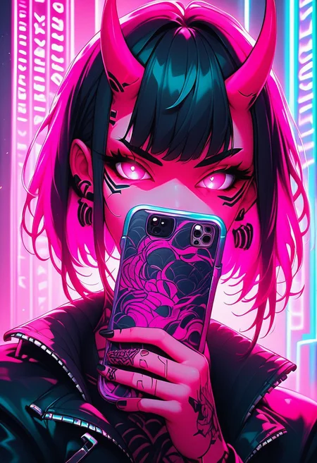 score_9, score_8_up, score_7_up,
c0l0r1f1c4t10np1nk,ColorificationPink,Colorification Pink, 1girl, solo, looking at viewer, short hair, bangs, black hair, holding, jewelry, jacket, earrings, horns, pink eyes, nail polish, black jacket, fingernails, tattoo, glowing, facial mark, phone, cellphone, portrait, black nails, glowing eyes, smartphone, zipper, holding phone, oni horns, covered mouth, pink theme, cyberpunk, neon lights