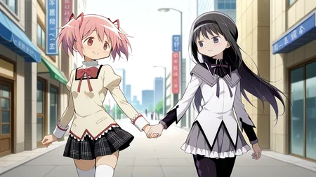 masterpiece, best quality, amazing quality, very aesthetic, absurdres, newest, anime screencap, <lora:akemihomuraILM:1>, (akemi homura, black hair, long hair, purple eyes, hairband, black hairband, black pantyhose, pantyhose), <lora:kanamemadokaILM:1>, (kaname madoka, hair bow, pink eyes, pink hair, short hair, twintails, short twintails, bow, pink bow, white thighhighs, zettai ryouiki, thighhighs), blush, yuri, smile, (holding hands:1.2), mitakihara school uniform, black skirt, yellow shirt, bow, bowtie, collared shirt, high collar, juliet sleeves, lace-trimmed shirt, lace-trimmed sleeves, lace trim, long sleeves, miniskirt, plaid clothes, plaid skirt, pleated skirt, pocket, puffy sleeves, red bow, red bowtie, white wrist cuffs, wrist cuffs, looking at another, walking, outdoors, modern city, daylight, dynamic pose,