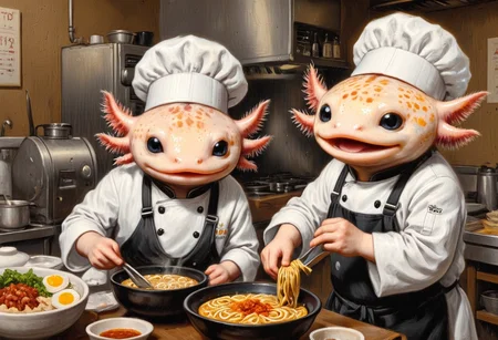a detailed oil painting of cute anthropological axolotls, axolotl chef, in a ramen shop, cooking noodles in boiling broth, wearing a Japanese chef's uniform, steamy and aromatic kitchen, they axolotls are happy and enjoying their work,