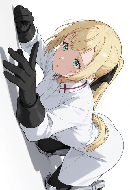 Smooth Quality,masterpiece,very intricate, high quality details, ultra realistic, high detailed skin,detailed enviorement,absurdres,
simple background, white background, 
sideways,kneeling, one hand on ground, reaching forward, focused, tense,  ,depressed,
 <lora:Rituscnn:0.8> rituscnn, 1girl, blonde hair, green eyes, long hair, ponytail,shirt, white shirt, coat,black gloves, hair ribbon,armored boots,