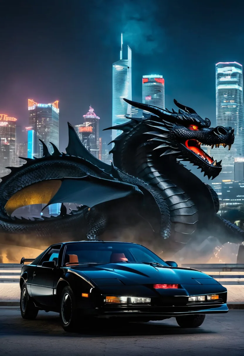 kitt1984 black car with a dragon and fantasy city in the background, cinematic, epic<lora:kitt1984XL:0.7>