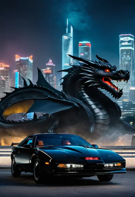 kitt1984 black car with a dragon and fantasy city in the background, cinematic, epic<lora:kitt1984XL:0.7>