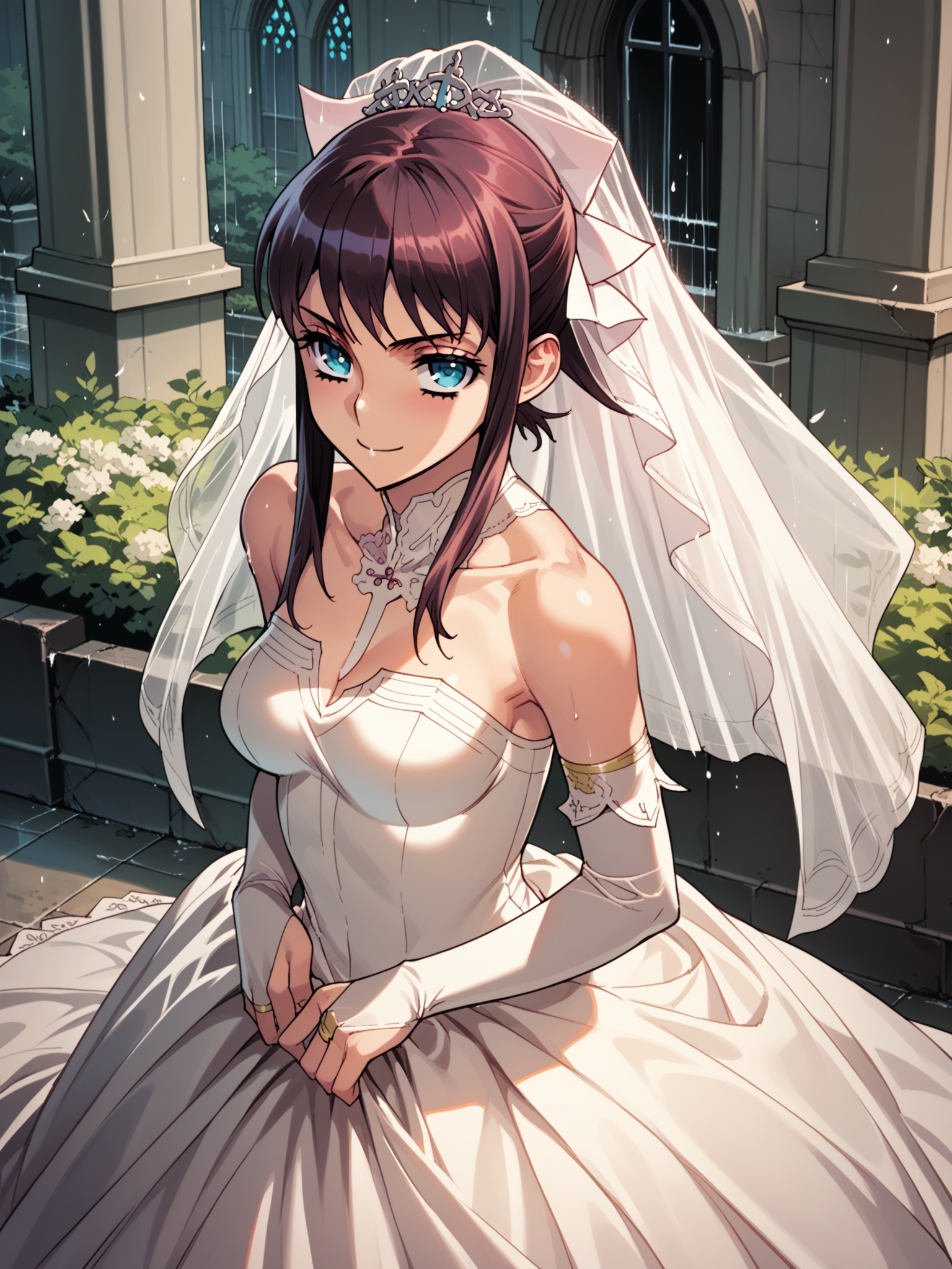 (cowboy shot, solo:1.1) <lora:happy_tentacle-elseria-v0.5-000020:1>, ht_elseria, hair bow, 1girl, () ( :1.1) ( , , ( :1.2) , seductive smile , :1.15) , outdoors, vegetation, ( :1.1), spring \(season\) , (dusk :0.6), rain , (:0.5), , (european architecture :0.8), church, (wedding dress, bridal veil, bridal gauntlets:1.2) (( from above :1.3) :0.8) score_9, score_8_up, score_7_up, score_6_up, score_5_up, score_4_up, [(realistic, photorealistic:1.3):(realistic:1.2):24] [(3d:1.2)::16] <lora:LUUNA's Lunas-NijiJourney-SDXL-B2:0.35>, nijijourney <lora:prgfrg23's Counterfeit-V3.0 Style SDXL_LoRA_Pony Diffusion V6 XL:0.5> <lora:mfcg's mfcgXL:0.12> <lora:reweik's gyokai(himehajime)_PonyXL_style_v01:0.14>
