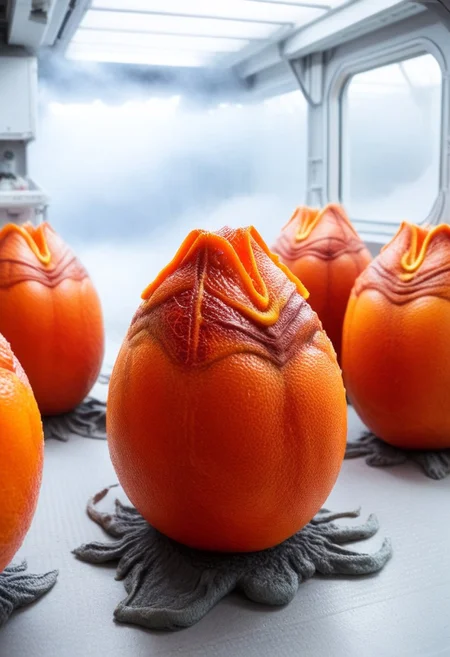 blood orange style, xenoegg, view of a group of unhatched xenoeggs, xenoeggs made of orange peel, horror theme, green light, space station interior, foggy ground, beautifully lit,
Orange skin xenomorph inspecting eggs