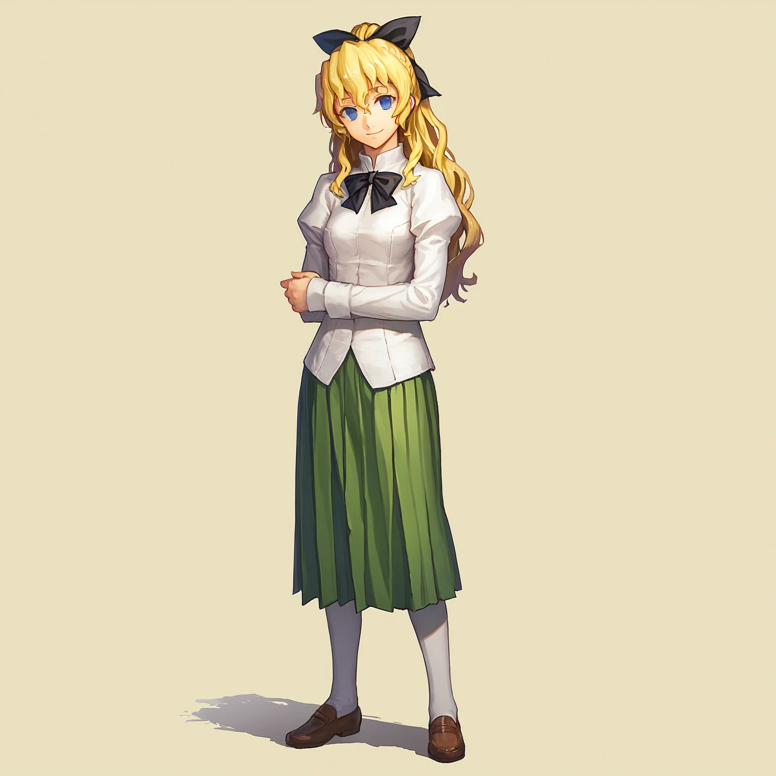 score_9, score_8_up, score_7_up,
BREAK
1girl, solo, standing, looking at viewer, full body,
<lora:Katawa_Shoujo_charpack-000010:1>, katawa shoujo, yamaku high school uniform,
satou lilly, long hair, blonde hair, hair bow, blue eyes, blind,
light smile,
