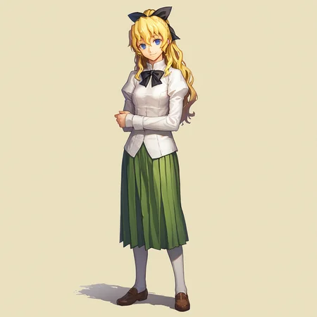 score_9, score_8_up, score_7_up,
BREAK
1girl, solo, standing, looking at viewer, full body,
<lora:Katawa_Shoujo_charpack-000010:1>, katawa shoujo, yamaku high school uniform,
satou lilly, long hair, blonde hair, hair bow, blue eyes, blind,
light smile,