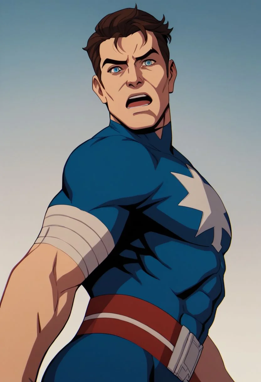 xmen97 style, America's ass, Captain America, Steve Rogers, 1boy, male focus, solo, mask, blue eyes, open mouth, bodysuit, superhero, upper body, star (symbol), anime coloring, flat color, cel shading, cel shaded, 2d, PonyXLV6_Scores zPDXL