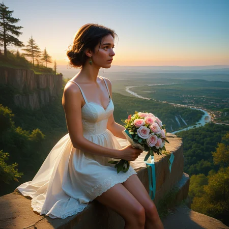 score_9, score_8_up, score_7_up,  source_photo, 8k skin textures,,high_quality_photography, source_photo, highly_detailed, very_aesthetic, beautiful, realistic,pretty woman,sitting on a cliff,above ocean,sunset,crying,holding valentine,bouquet of flowers thrown on the ground, man walking away in background,zPDXL2