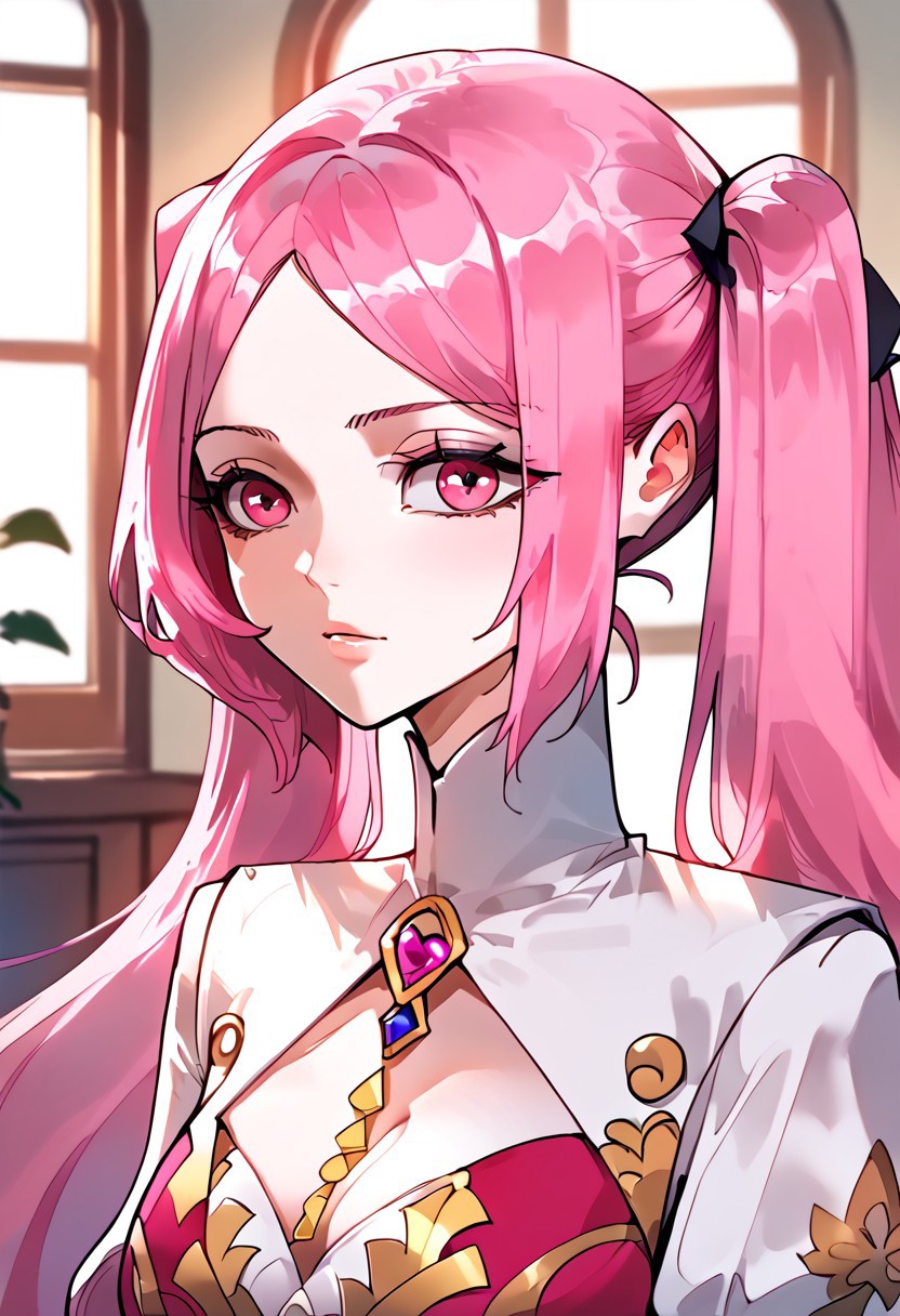 score_9, score_8_up, score_7_up, score_6_up,  <lora:p3tl0v3XLP:1> ,  solo, 1girl, , 纳兰嫣然, pink hair, twintails, long hair, pink eyes, large breasts, beautiful face