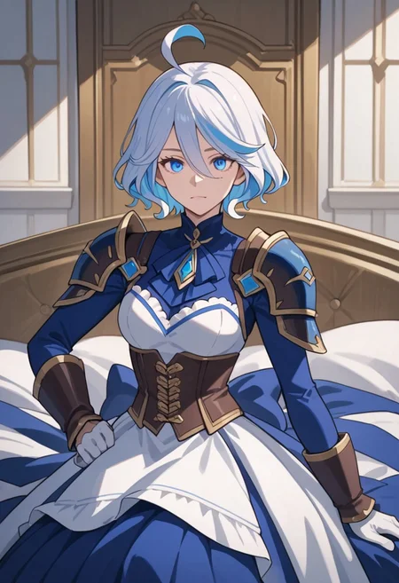 score_9, score_8_up, score_7_up, (three quarter view, 8k uhd, masterpiece, best quality, high quality, absurdres, ultra-detailed, highly detailed), furina, ahoge, corset, skirt, shoulder pads