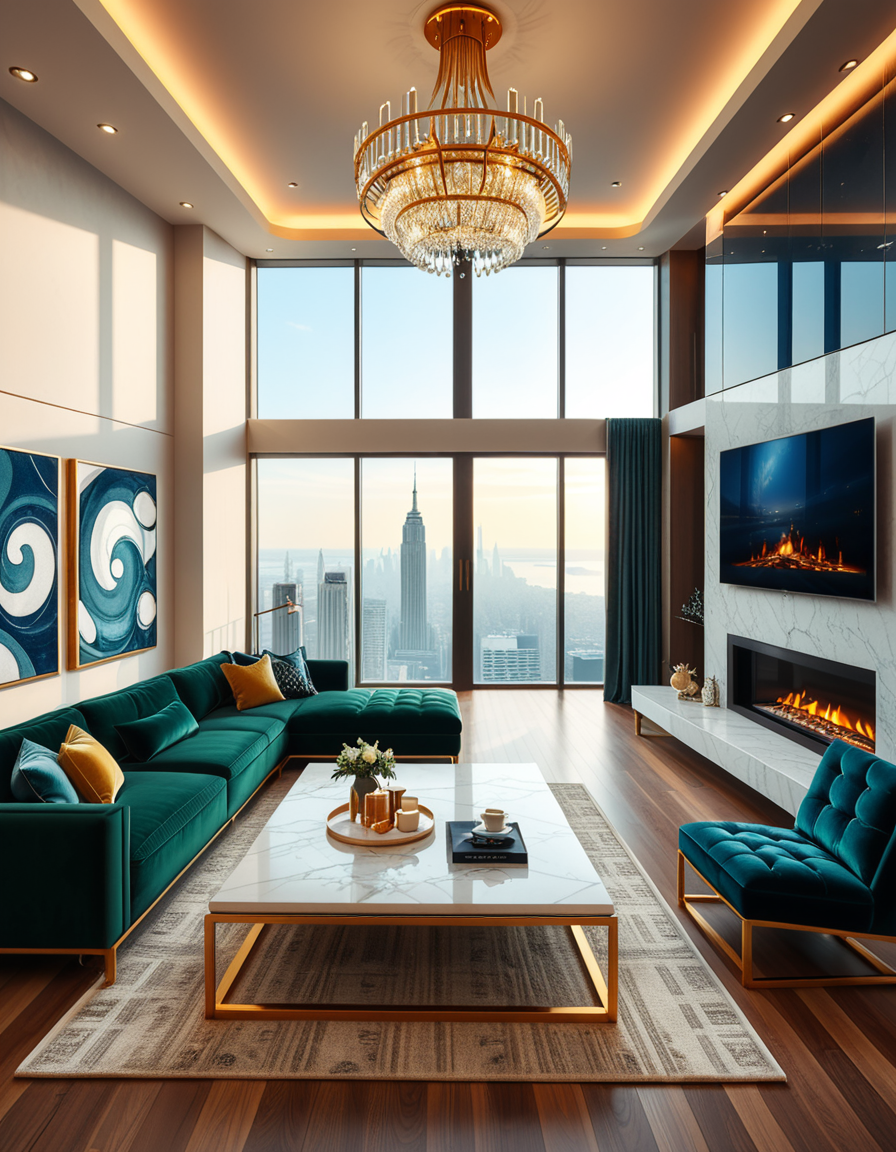 A lavish and modern luxury living room with a spacious open layout. The room features a grand chandelier with crystal details hanging from a high ceiling. Plush velvet sofas in deep emerald green and navy blue are arranged around a sleek marble coffee table with gold accents. The floor-to-ceiling windows allow natural light to flood the space, revealing a breathtaking city skyline in the background. A contemporary fireplace with a sculptural design adds warmth, while elegant artwork and designer decor pieces complete the sophisticated ambiance. The lighting is soft and ambient, creating a cozy yet opulent atmosphere.
<lora:SDXLFaeTastic2400:0.4> <lora:extremely_detailed:0.4> extremely detailed,  <lora:luxurious_l1v1ng_r00m:1>,luxurious l1v1ng r00m, Masterpiece,best quality,hi res,8k,hi res,8k,award winning,(sharp focus, intricate, highly detailed),