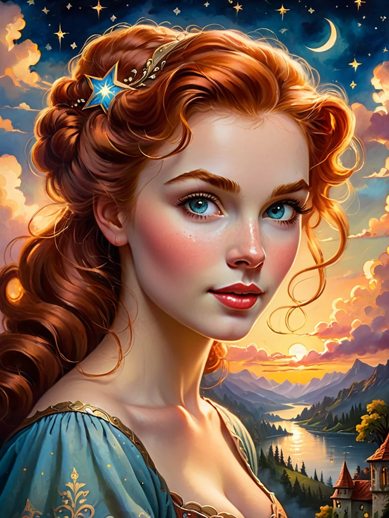 <lora:SS02ImpressionisticPainting_Hap_XL:1>,Thomas Kinkade style, vintage retro vignette tempera painting on cracked paper, medieval calligraphy landscape poster, fantasy art, surrealism, modern mythology, any vintage beautiful pin-up young ginger happy lady portrait, in the style of piercing eyes glowing with an ethereal light, vibrant twilight sky with swirling clouds and distant stars, atmosphere full of mystery and wonder, dynamic lighting casting dramatic shadows, highly detailed textures, mystical and awe-inspiring ambiance,