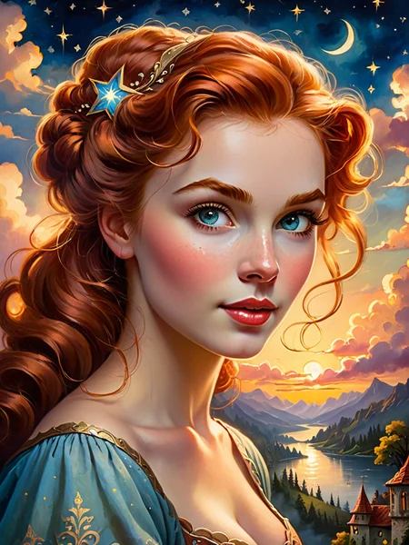 <lora:SS02ImpressionisticPainting_Hap_XL:1>,Thomas Kinkade style, vintage retro vignette tempera painting on cracked paper, medieval calligraphy landscape poster, fantasy art, surrealism, modern mythology, any vintage beautiful pin-up young ginger happy lady portrait, in the style of piercing eyes glowing with an ethereal light, vibrant twilight sky with swirling clouds and distant stars, atmosphere full of mystery and wonder, dynamic lighting casting dramatic shadows, highly detailed textures, mystical and awe-inspiring ambiance,