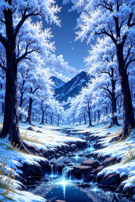 <lora:Vibrant_Glow_style:0.8> VibrantGlow style.
anime style. Hyperdream style. A serene winter-inspired landscape featuring ethereal woodland scene, where tall deciduous trees stand adorned with (clearly visible, brightly glowing white leaves, each outlined with a delicate dark border that accentuates their intricate forms. The luminous foliage appears to glow brightly in dazzling white shades contrasting with dim gray backdrop:1.2). In the foreground, a striking tree with a gnarled, textured trunk anchors the scene, its contrast of rugged bark and delicate white leaves adding a sense of tactile realism. The crystal-clear stream winds gracefully through the center, its surface mirroring the glowing brightly white foliage and low gray sky, with faint ripples distorting the reflections to create a dynamic interplay of light and texture. The banks, rocks, and tree bases are covered with a soft layer of glowing brightly white leaves that have settled gently on the ground, echoing the bright canopy above. In the distance, the forest dissolves into a hazy gradient of cool blues and grays, evoking atmospheric depth through a skillful use of aerial perspective. Above, a low heavy sky adds dramatic tones. The dim gray lighting, radiating gently from above, highlights the delicate textures of the leaves and creates a soft glow that emphasizes their ethereal quality. The cool color paletteâdominated by whites, icy blues, and muted graysâis punctuated by the earthy browns of the tree trunks, creating visual balance. The dark outlines of the leaves introduce a graphic, almost illustrative quality, enhancing the sceneâs stylistic fusion. Organic patterns formed by the clusters of leaves and their interplay with the rippling stream add layers of complexity and visual interest. The composition draws the viewerâs eye along the winding stream, which serves as a leading line from the foreground to the hazy forest in the background, accentuating the sense of scale and depth. The artistic style blends painterly digital realism with stylized forms and the precise, outlined motifs. The leavesâ outlines provide clean, rhythmic contrasts that echo the tonal transitions seen in Japanese woodblock prints, while the gentle gradients in light and shadow imbue the scene with dimensionality. The result is a tranquil, dreamlike landscape that captures a harmonious fusion of realism and stylized artistry, evoking an otherworldly beauty.