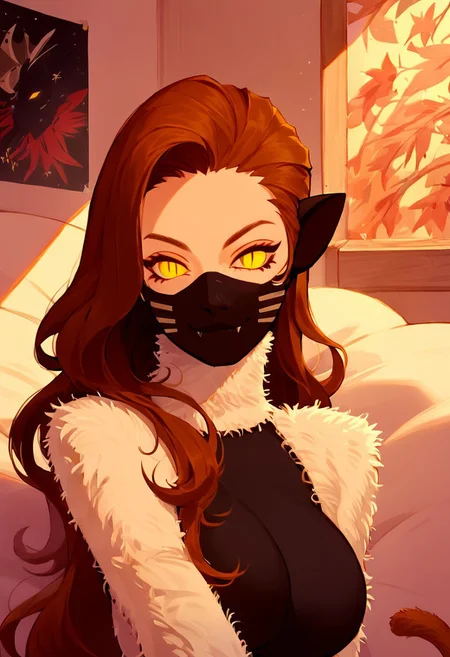 Expressiveh, score_9, score_8_up, score_7_up, solo, godrays, 1girl, nekomatasmt, brown hair, long hair, yellow eyes, slit eyes, cat tail, animal ears, claws, face mask, bodysuit, bolero,,1girl, solo, large breasts, smirk, sexy,, bedroom, posters, face focus, bed, sexy pose,, closeup