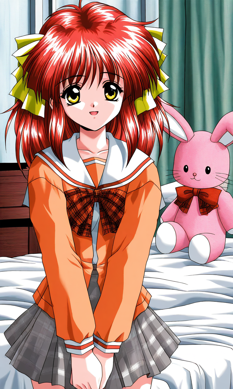 general,highres, ultra-detailed,very aesthetic,best quality ,best hands, BREAK <lora:Kisaragi_Hina_Akumu_AoiKajitsunoSange_IS:1>
Kisaragi_Hina, 1girl, solo, red hair,  medium hair, yellow eyes, hair ribbon, small breasts,
rabbit, stuffed toy, open mouth, short,
light smile, orange school uniform, ribbon, white+gray skirt, outdoors, v arms, check skirt, plaid bow, long sleeves, serafuku, 
bed room, sheet, bed,