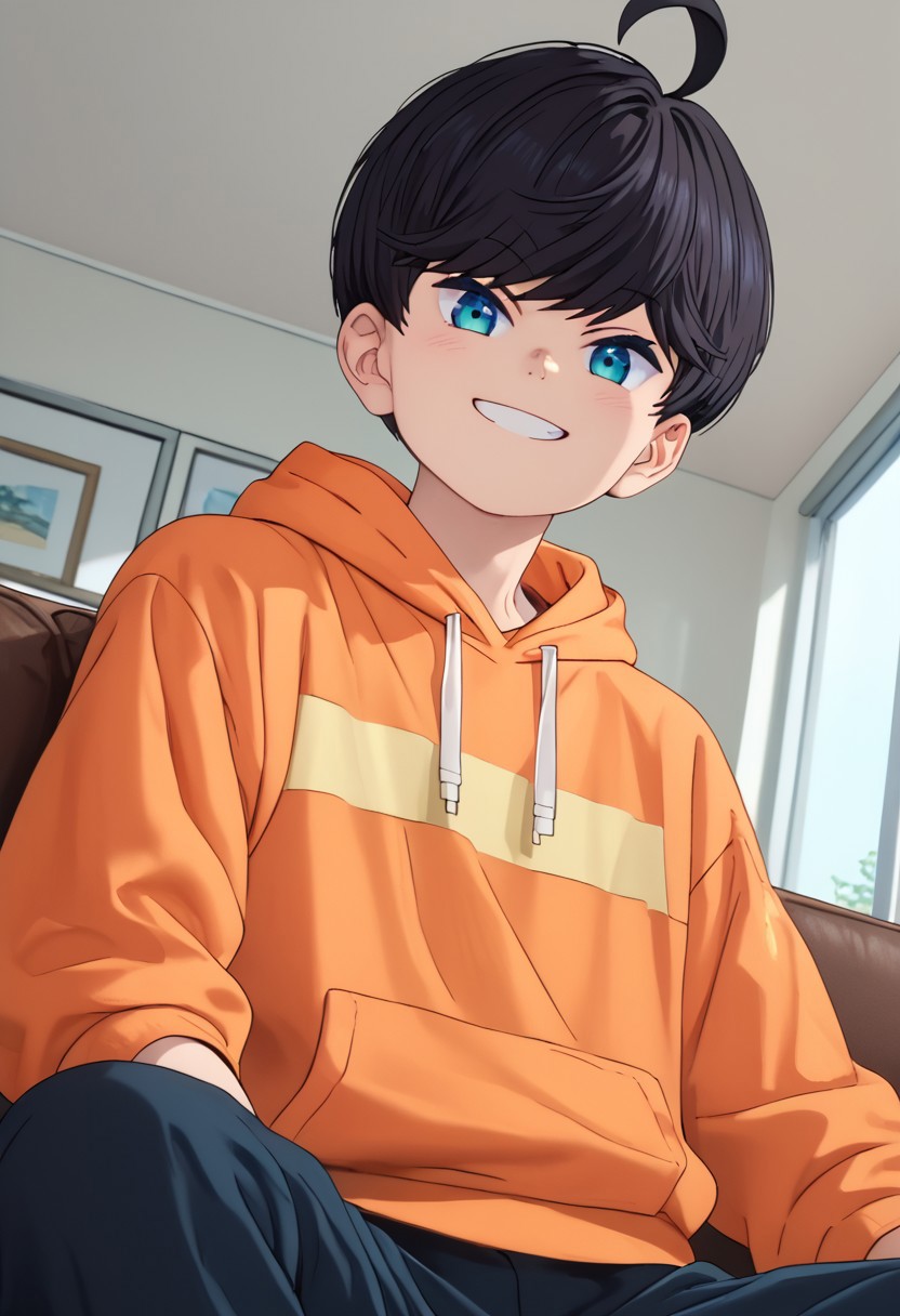 Source_anime,score_9,score_8_up,score_7_up,1boy,solo,Minato Yuzuki,black hair,blue eyes,ahoge,smile, indoors, dynamic angle,orange hoodie, sitting, looking_at_viewer, from_front_position, sofa, from below<lora:EMS-457809-EMS:1.000000>