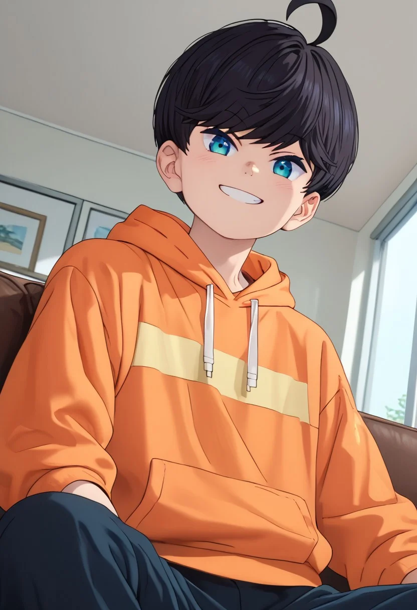 Source_anime,score_9,score_8_up,score_7_up,1boy,solo,Minato Yuzuki,black hair,blue eyes,ahoge,smile, indoors, dynamic angle,orange hoodie, sitting, looking_at_viewer, from_front_position, sofa, from below<lora:EMS-457809-EMS:1.000000>