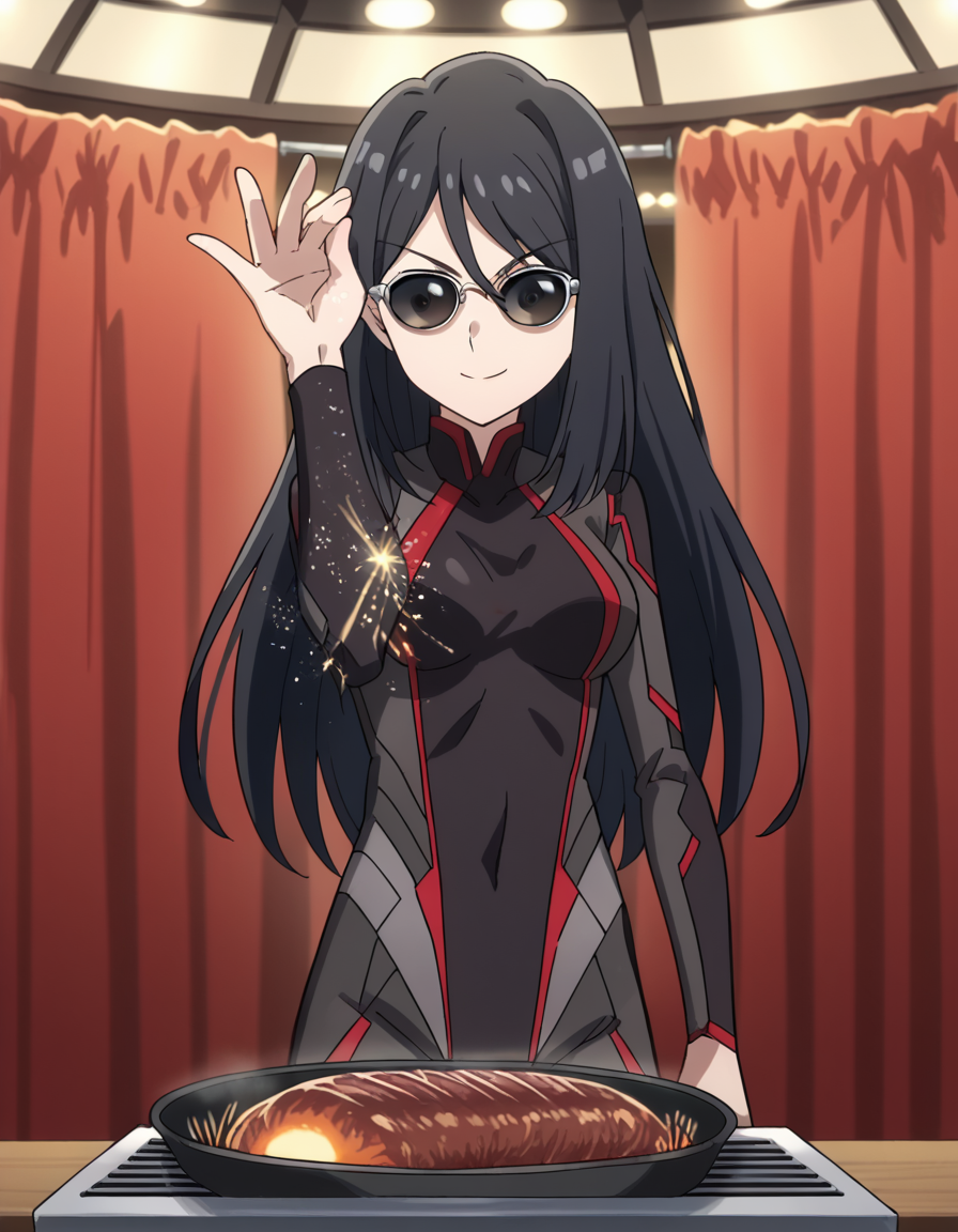 score_9, score_8_up, score_7_up, source_anime, <lora:shutaura-sequenzia-movie-ponyxl-lora-nochekaiser:1>, shutaura sequenzia, long hair, black hair, black eyes, hair between eyes, anime screencap,, bodysuit, black bodysuit, pilot suit, theater, stage, seats, performance, curtains, smile, <lora:salt-bae-ponyxl-lora-nochekaiser:1> salt bae, salt bae (meme), salt, springkling, meme, cooking, steak, sunglasses, mean, grilling, grill, frying pan, food, hand up,, looking at viewer, solo,, dutch angle, cowboy shot