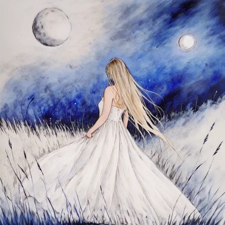 <lora:Blue_Watercolor_DreamscapeSDXL:1> ArsMJStyle, Blue Watercolor Dreamscape, The image is a watercolor painting of a woman in a long white dress standing in a field of tall grass. The woman is facing away from the viewer with her back towards the viewer. She has long blonde hair that is flowing in the wind. The sky is a deep blue with a full moon in the top right corner. The overall mood of the image is dreamy and ethereal. The painting is done in a loose sketchy style with loose brushstrokes., 1girl, solo, dress, moon, long hair, full moon, white dress, night, blonde hair, sky