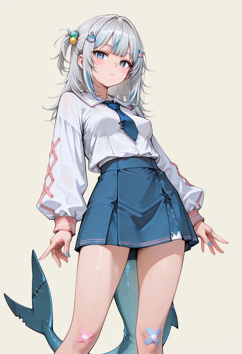very aesthetic, high resolution, high quality, amazing quality, detailed, masterpiece, absurdres, score_9, score_8_up, score_7_up, 328145878style /style/, simple background, (natural lighting, scenery), (1girl, solo), female, grey hair, streaked hair, blue eyes, shark tail, blue nails, vivid eye color, (beautiful eyes:1.2), (dark_pupils, gradient iris, crisp iris edges), (looking_at_viewer), (collared shirt, multicolored jacket, pink trim, blue necktie, blue skirt, (yellow sweater:0.4), bandaid on knee, one side up, hair bobbles, rabbit hairpin, shark hairpin, grey hair, streaked hair, blue eyes, shark tail, blue nails), lean body, perky_breasts, fit body proportion, standing, posing, frontview, medium_shot, dynamic pose,