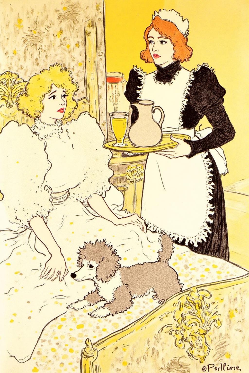 lautrec1 illustration 
This is a whimsical, hand-drawn illustration with a soft, pastel color palette, reminiscent of the Art Nouveau style. The scene depicts a fantastical, dreamlike setting with a warm, muted color scheme dominated by shades of beige, yellow, and white. 
In the foreground, a woman with curly, golden blonde hair and a light complexion sits on a patterned, ornate bed. She wears a flowing, white dress with intricate, flowing sleeves and appears to be looking down at a small, grey and white dog, possibly a poodle, which lies on the bedspread. The bedspread has a delicate, swirling pattern.
In the background, a woman with auburn hair, dressed in a black and white maid's uniform, stands with a stern expression. She holds a tray with a pitcher and a glass, suggesting she might be serving or preparing something. Her attire includes a white apron and a small cap on her head. <lora:lautrec1_cap_d6a3e11:1.0><lora:810955530177701086:0>