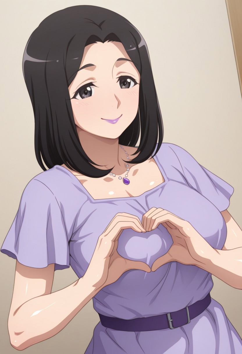 tedain, , 1girl, solo, medium build, medium hair, sfw, safe for work, covered skin, flowy dress,  black eyes, purple lipgloss, smiling, portrait, upper body, heart hands, mature female, foreshortening, detailed, newest, shiny skin, cowboy angle, solo focus, medium breasts,