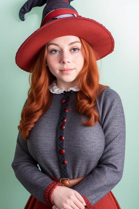 wide angle full body professional photography, subsurface scattering, depth of field, masterpiece, focused on the (round cute:1.5) (embarrassed blushing red face:1.5) of a (cute young:1.6) (witch:1.5), (enormous gigantic breasts stretching knitted woolen medieval dress:1.2), (bright green eyes wide and startled:1.0) avoiding the camera, fantasy medieval clothing, bright ginger hair, deep cleavage, thick pouty lips with dark lipstick, natural makeup, thick wool hat, (detailed realistic facial features:1.0), freckles