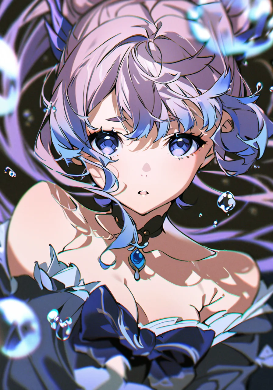 masterpiece, best quality, <lora:yoneyama-a31:1>,yoneyama mai, 1girl, solo,sangonomiya kokomi (genshin impact ),hair ornament,open mouth, bubble, air bubble, upper body, looking at viewer, floating hair, looking up, eyelashes, parted lips, bangs, water, submerged, blurry, multicolored hair,purple hair, long hair,japanese clothes, underwater,chromatic aberration, bare shoulders, choker,cleavage, very long hair,