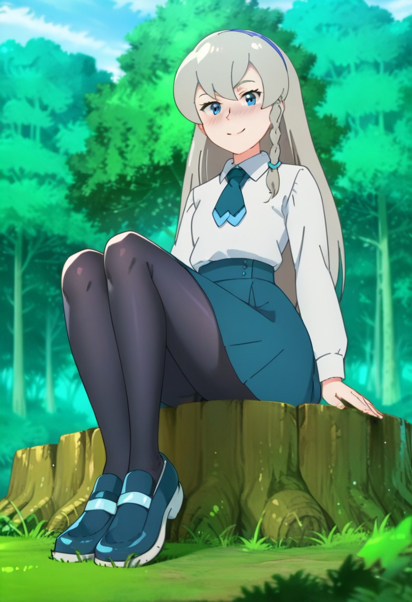 score_9, score_8, score_7_up, source_anime, anime_coloring, anime_screenshot, highres, rating_quesitionable
PKMNRegina, 1girl, long hair, grey hair, bangs, braid, side braid, single braid, hairband, blue hairband, blue eyes, white shirt, collared shirt, school uniform, necktie, blue necktie, long sleeves, skirt, blue skirt, pantyhose, shoes, blue footwear,
solo, full body, sitting, ((bellow view)), seductive smile, looking at viewer, naughty face, nose blush, forest, tree
