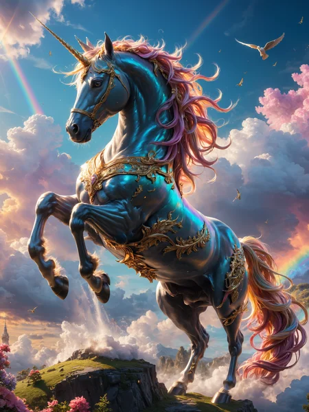unicorn,  heavenly, beautiful, ultra detailed, ultimate details, amazing details, super sharp details, masterful, (masterpiece:1.2), intricate details, best quality, high quality, rich vibrant vivid colors, ultra high res, cinematic still, 4k, 8k uhd, extremely intricate, extremely detailed, amazing, fine detail, high resolution, perfect, wonderful, ultrarealistic, photorealistic  <lora:add-detail-xl:2> <lora:WildcardX-XL-Detail-Enhancer:0.5> <lora:aesthetic_anime_v1s:0.8>, glowing, shine, shiny <lora:xl_more_art-full_v1:0.3>